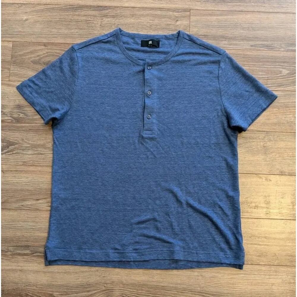 BANANA REPUBLIC Sz L 100% Linen Henley Mens Blue Button Up Lightweight Natural
